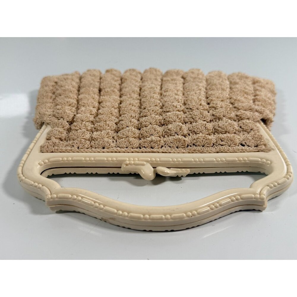 Vintage 1950s Beige Hand-Crocheted Purse Ivory Plastic Frame Matching Coin Pouch - Picture 3 of 12